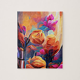 Floral Abstract Art Orange Red Blue Flowers Jigsaw Puzzle