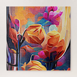 Floral Abstract Art Orange Red Blue Flowers Jigsaw Puzzle