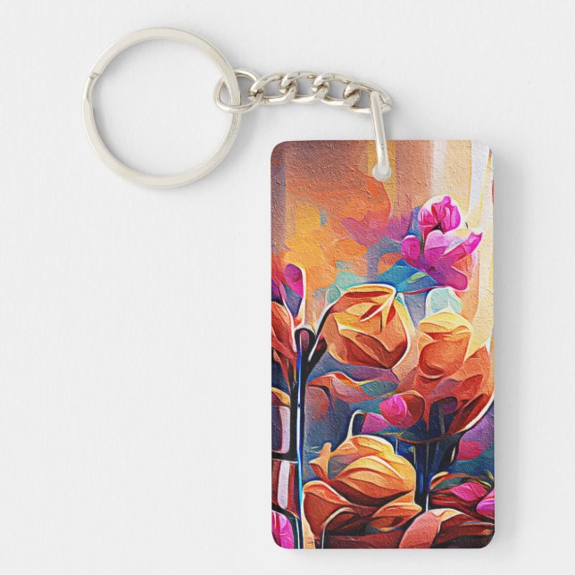 Floral Abstract Art Orange Red Blue Flowers Keychain (Front)