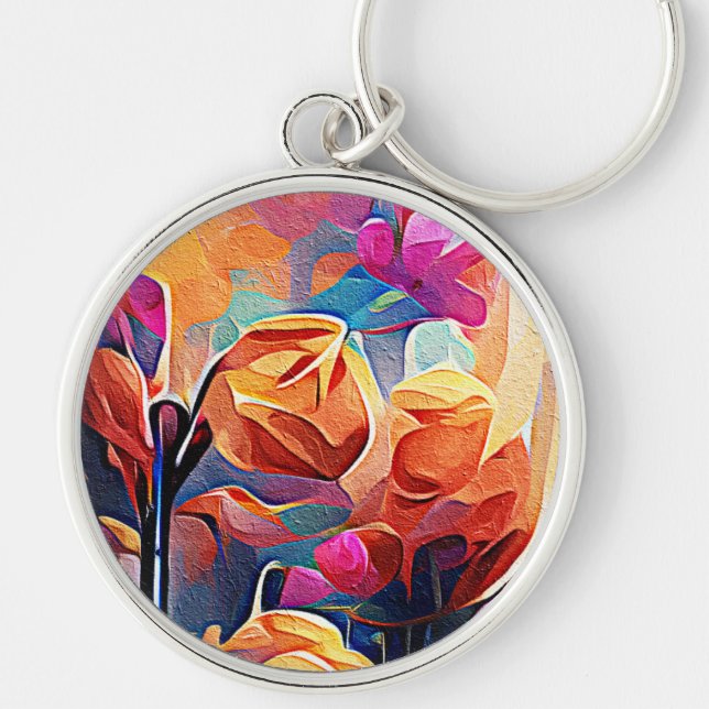 Floral Abstract Art Orange Red Blue Flowers Keychain (Front)