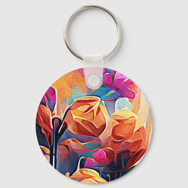Floral Abstract Art Orange Red Blue Flowers Keychain (Front)
