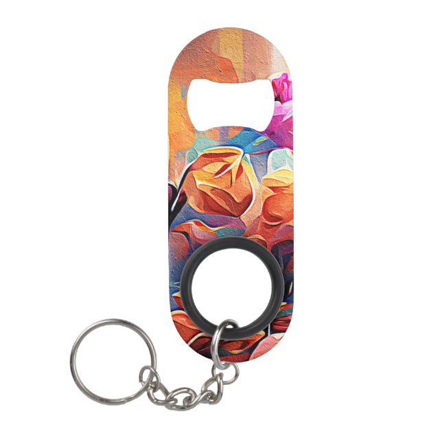 Floral Abstract Art Orange Red Blue Flowers Keychain Bottle Opener (Front)
