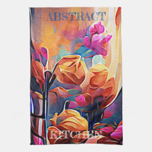 Floral Abstract Art Orange Red Blue Flowers Kitchen Towel