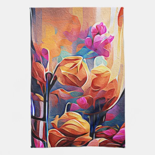 Floral Abstract Art Orange Red Blue Flowers Kitchen Towel