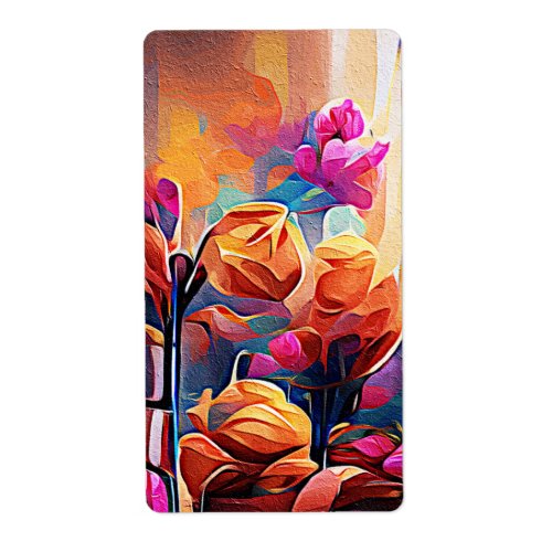 Floral Abstract Art Orange Red Blue Flowers Label
