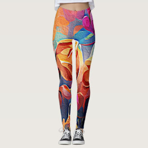 Floral Abstract Art Orange Red Blue Flowers Leggings