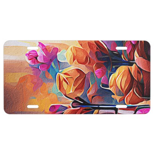 Floral Abstract Art Orange Red Blue Flowers License Plate