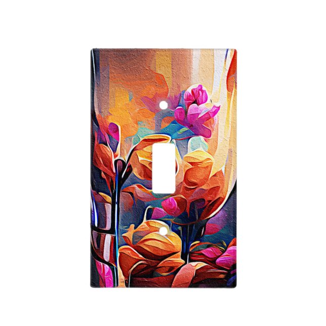 Floral Abstract Art Orange Red Blue Flowers Light Switch Cover (Front)