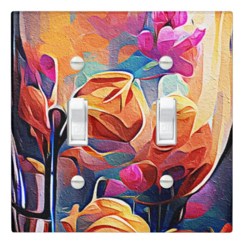 Floral Abstract Art Orange Red Blue Flowers Light Switch Cover