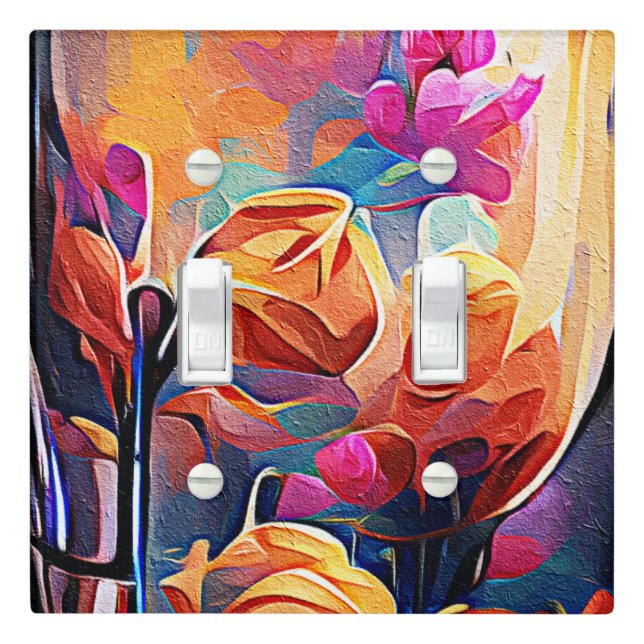 Floral Abstract Art Orange Red Blue Flowers Light Switch Cover (In Situ)