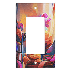 Floral Abstract Art Orange Red Blue Flowers Light Switch Cover