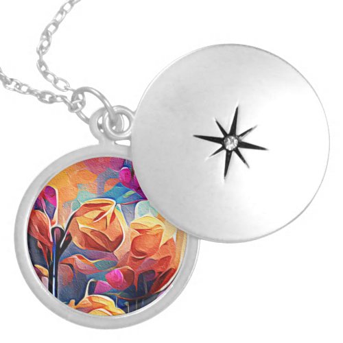 Floral Abstract Art Orange Red Blue Flowers Locket Necklace