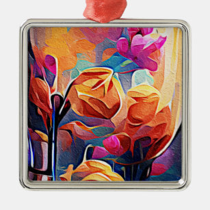 Floral Abstract Art Orange Red Blue Flowers Metal Ornament