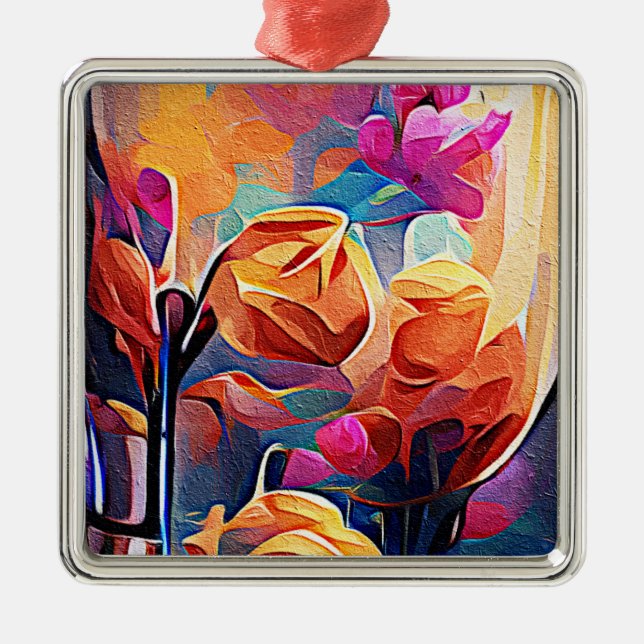 Floral Abstract Art Orange Red Blue Flowers Metal Ornament (Front)