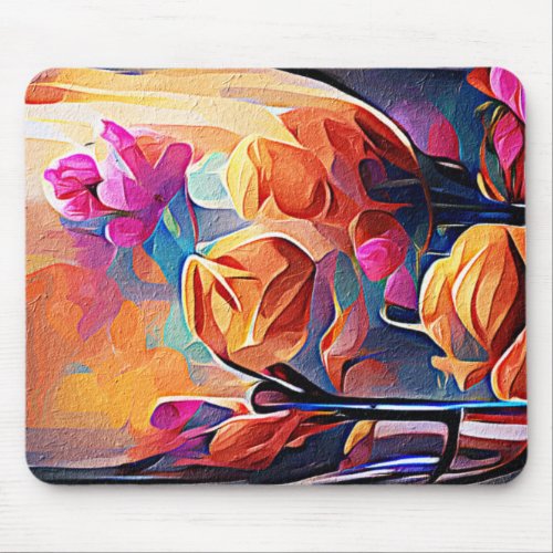 Floral Abstract Art Orange Red Blue Flowers Mouse Pad