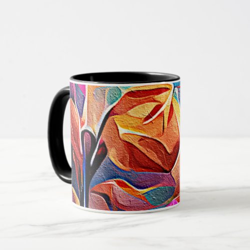 Floral Abstract Art Orange Red Blue Flowers Mug