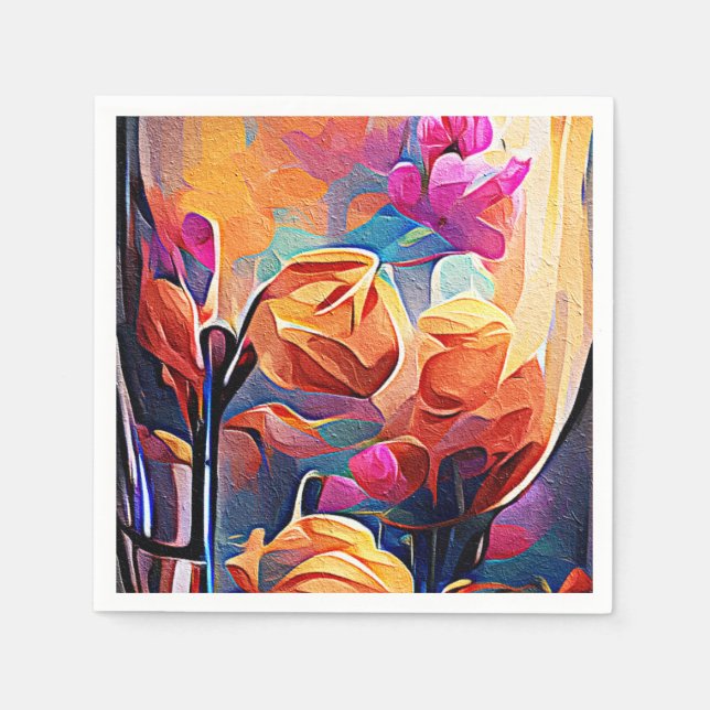 Floral Abstract Art Orange Red Blue Flowers Napkins (Front)