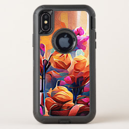 Floral Abstract Art Orange Red Blue Flowers OtterBox Defender iPhone X Case