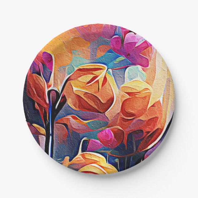 Floral Abstract Art Orange Red Blue Flowers Paper Plates (Front)