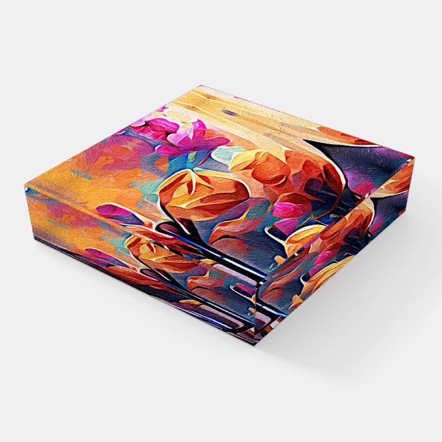 Floral Abstract Art Orange Red Blue Flowers Paperweight (Angled)