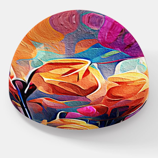Floral Abstract Art Orange Red Blue Flowers Paperweight (Angled)