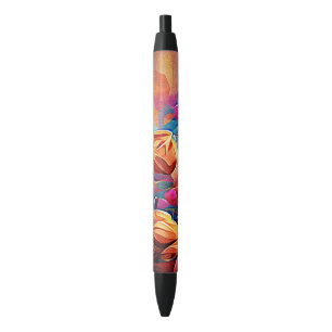 Floral Abstract Art Orange Red Blue Flowers Pen