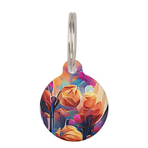 Floral Abstract Art Orange Red Blue Flowers Pet ID Tag