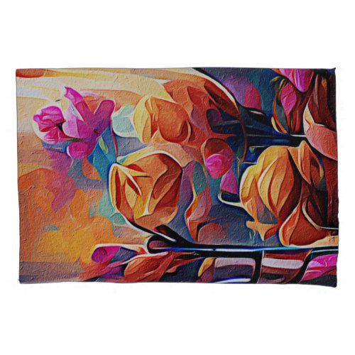 Floral Abstract Art Orange Red Blue Flowers Pillow Case