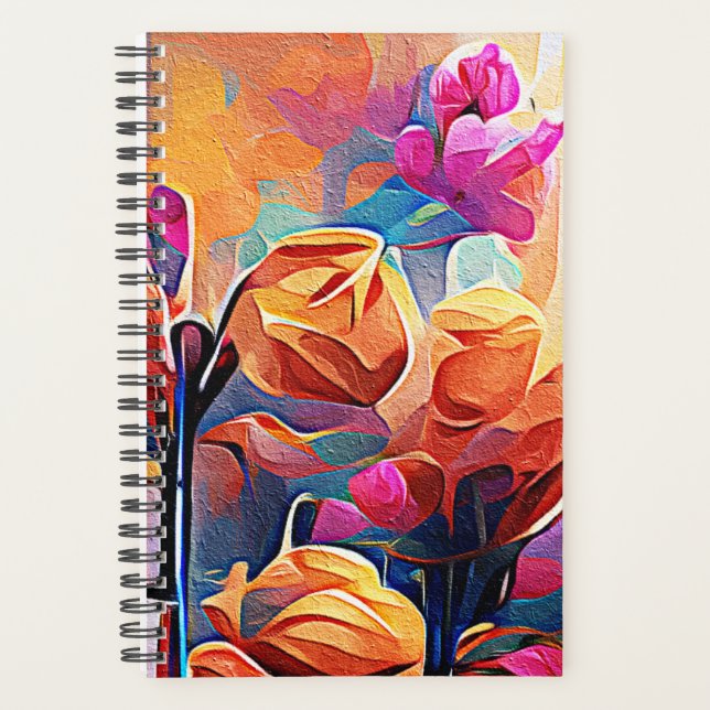 Floral Abstract Art Orange Red Blue Flowers Planner (Front)