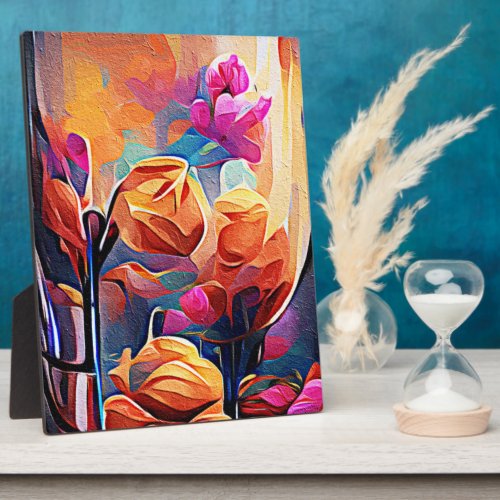 Floral Abstract Art Orange Red Blue Flowers Plaque
