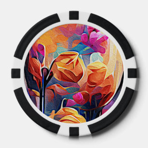 Floral Abstract Art Orange Red Blue Flowers Poker Chips
