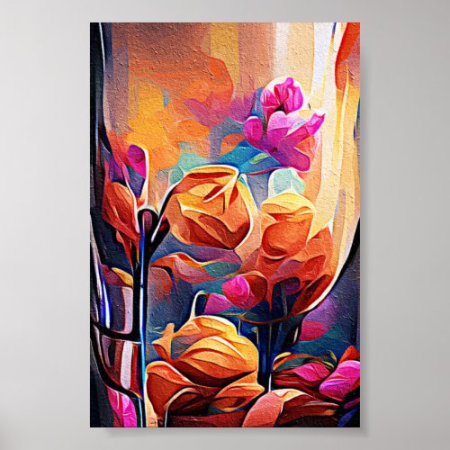 Floral Abstract Art Orange Red Blue Flowers Poster