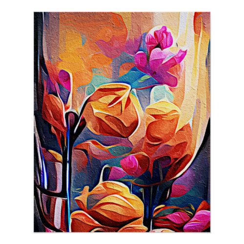 Floral Abstract Art Orange Red Blue Flowers Poster