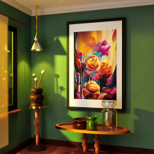 Floral Abstract Art Orange Red Blue Flowers