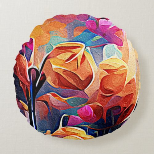 Floral Abstract Art Orange Red Blue Flowers Round Pillow