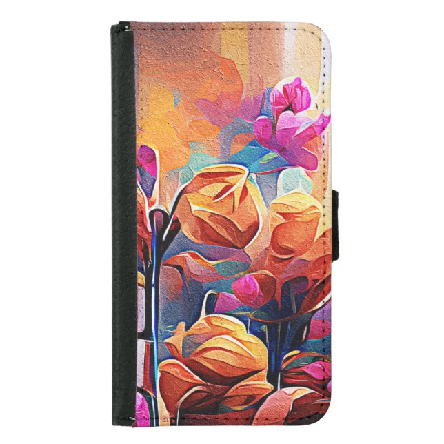Floral Abstract Art Orange Red Blue Flowers Samsung Galaxy Wallet Case (Front)