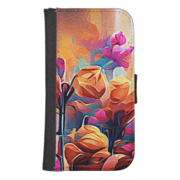 Floral Abstract Art Orange Red Blue Flowers Galaxy S4 Wallet Case