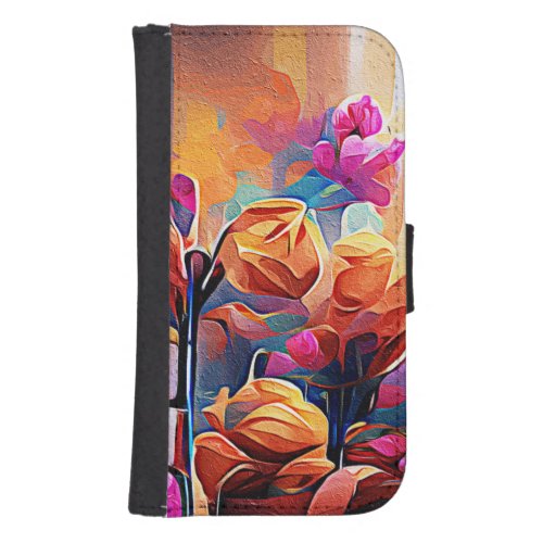 Floral Abstract Art Orange Red Blue Flowers Galaxy S4 Wallet Case