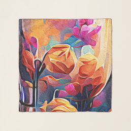 Floral Abstract Art Orange Red Blue Flowers Scarf