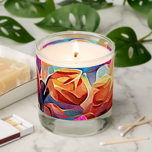 Floral Abstract Art Orange Red Blue Flowers Scented Candle