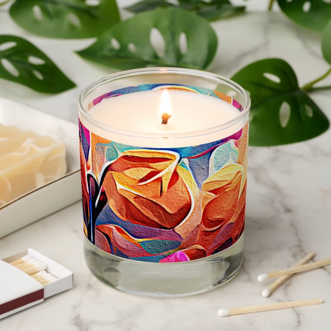 Floral Abstract Art Orange Red Blue Flowers Scented Candle (Lit)