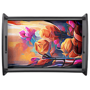 Floral Abstract Art Orange Red Blue Flowers Serving Tray