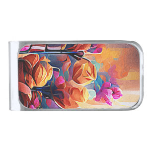 Floral Abstract Art Orange Red Blue Flowers Silver Finish Money Clip