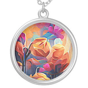 Floral Abstract Art Orange Red Blue Flowers Silver Plated Necklace