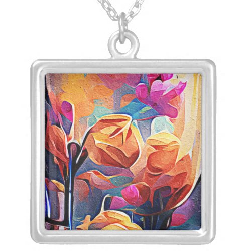 Floral Abstract Art Orange Red Blue Flowers Silver Plated Necklace