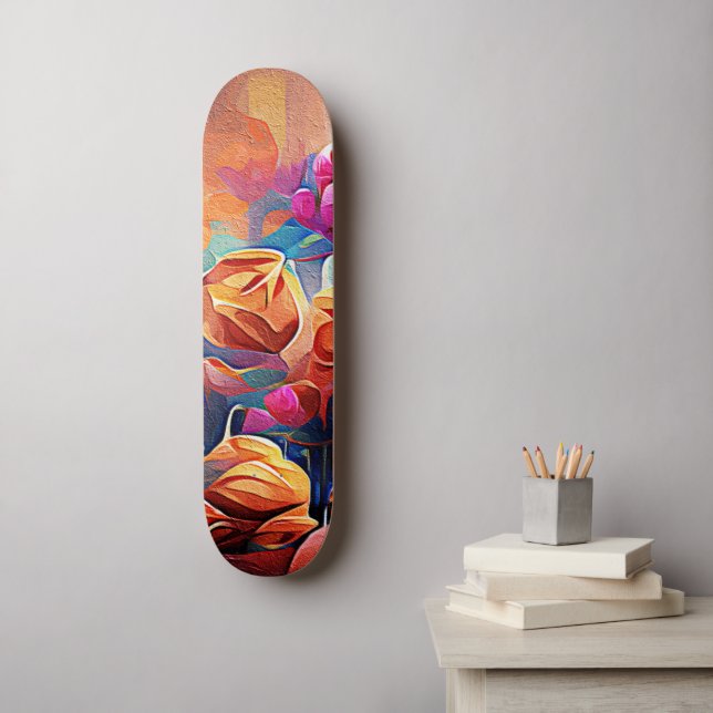 Floral Abstract Art Orange Red Blue Flowers Skateboard (Wall Art)