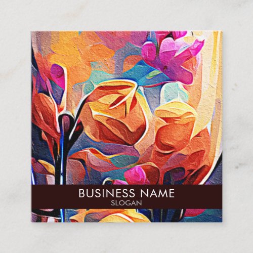 Floral Abstract Art Orange Red Blue Flowers Square Business Card