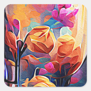 Floral Abstract Art Orange Red Blue Flowers Square Sticker