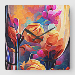 Floral Abstract Art Orange Red Blue Flowers Square Wall Clock