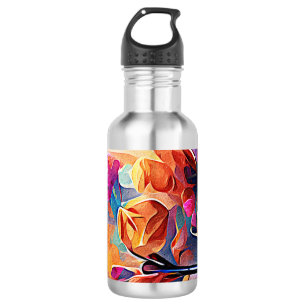 Floral Abstract Art Orange Red Blue Flowers Stainless Steel Water Bottle